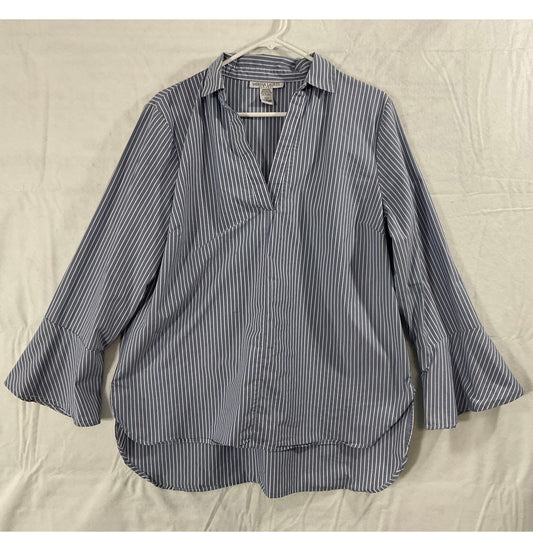 Sabrina Lauren Blouse Women Large Blue White Striped Bell Sleeve V-Neck Popover