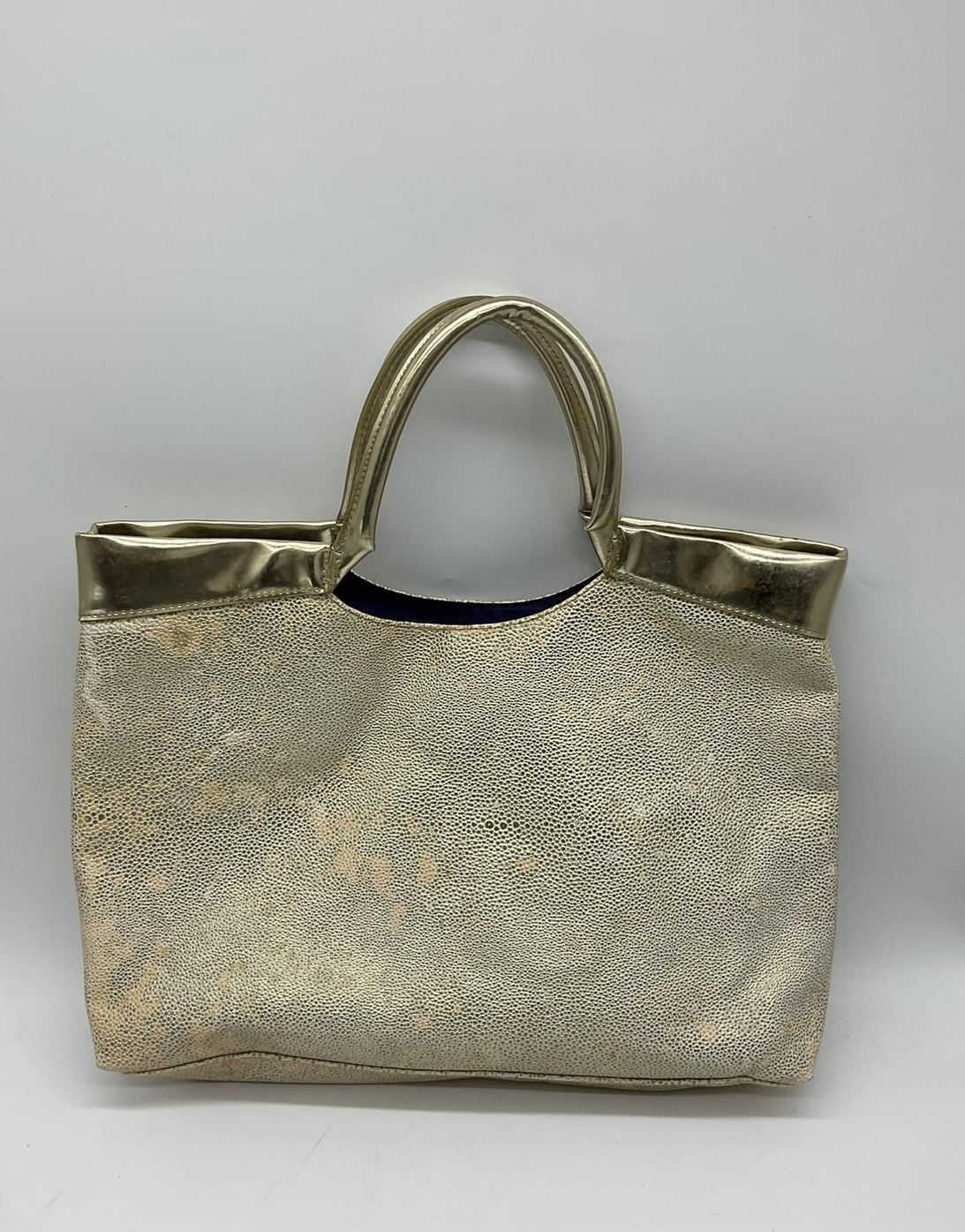 Gold Textured Tote Bag Womens Large Metallic Shoulder Handbag Purple Lining