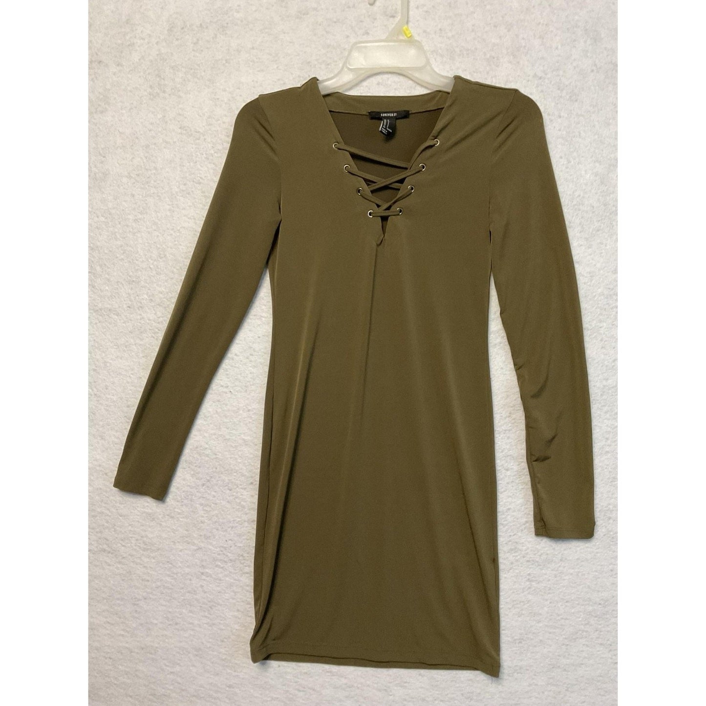 Forever 21 Dress Womens Small Olive Green Long Sleeve Lace Up V Neck Bodycon