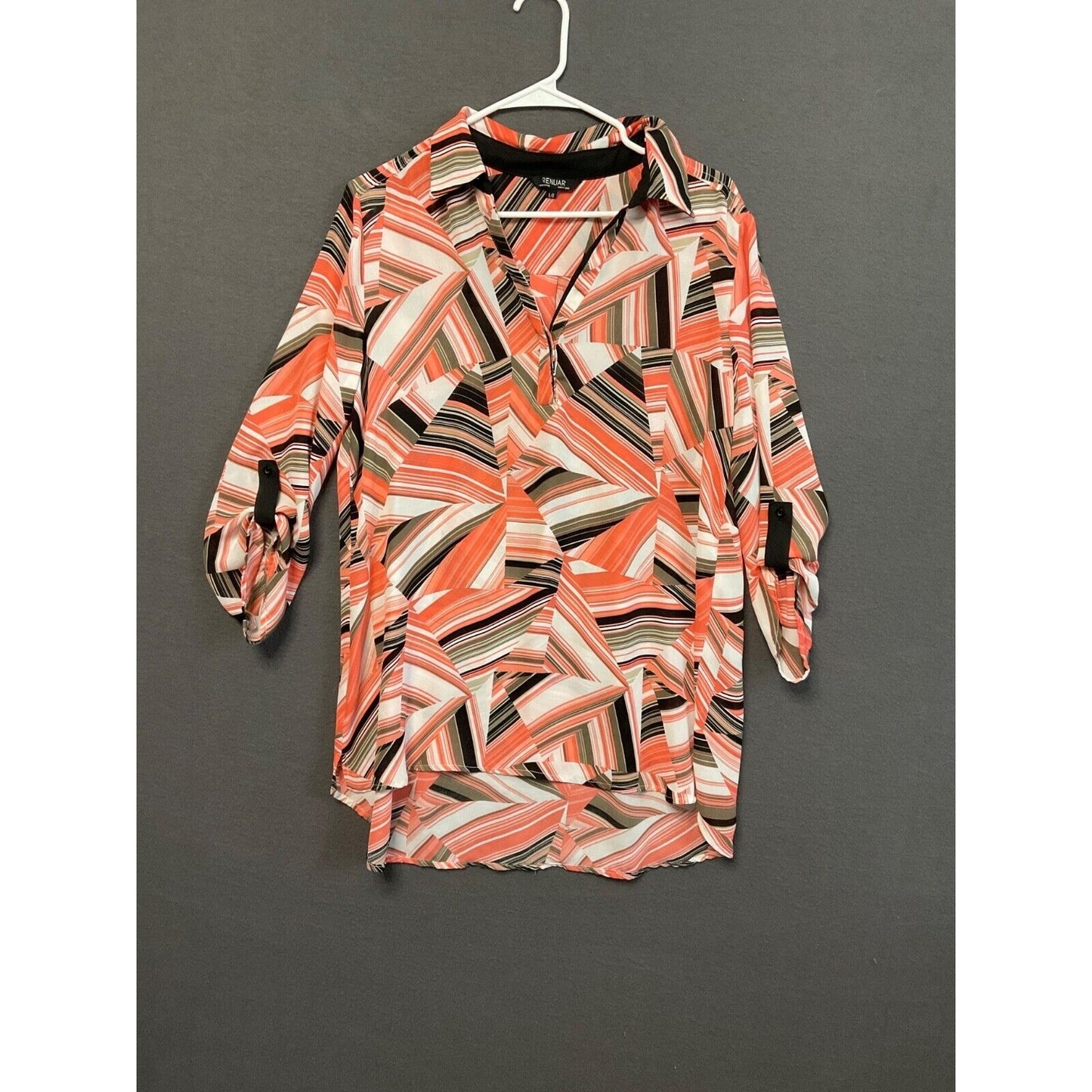 Renuar Sheer Button-Down Blouse L Geometric Striped Print Long Sleeve