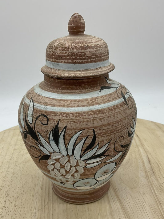 Vintage Brown Terracotta Lidded Urn Hand Painted Floral Jar Tabletop Decor