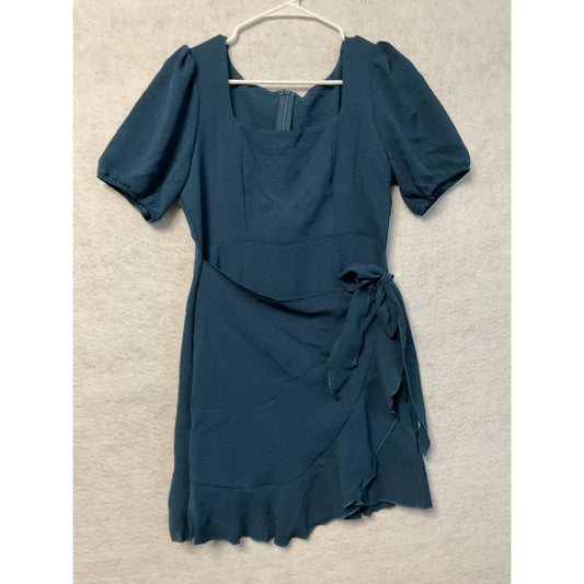 Dress Womens Medium Teal Faux Wrap Tie Ruffle Hem Puff Sleeve Square Neck Mini