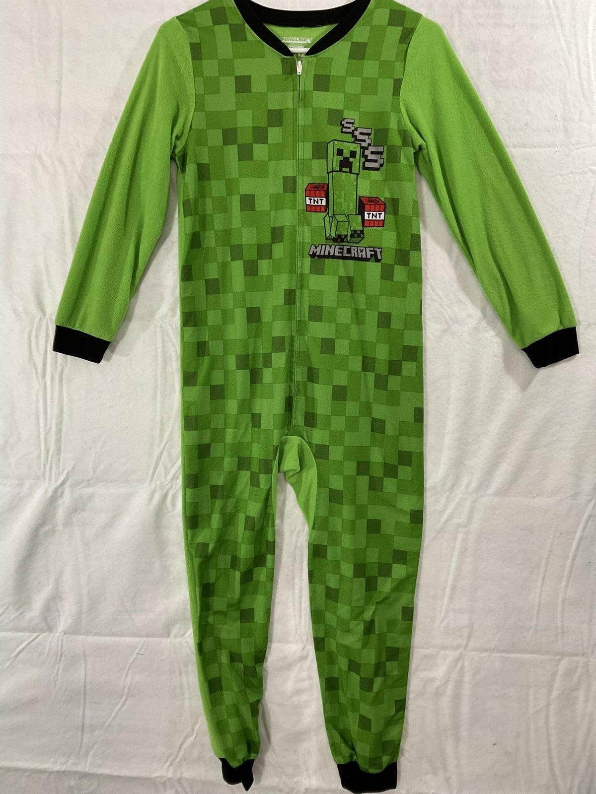 Minecraft One Piece Pajamas Boys 10/12 Green Creeper Fleece Zip Sleepwear