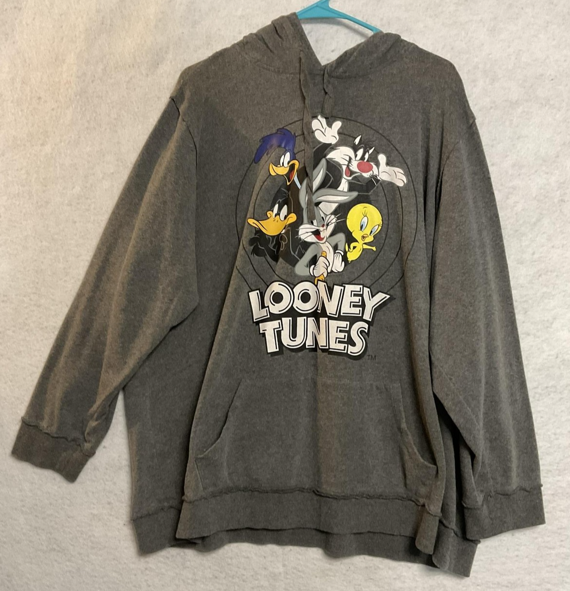 Looney Tunes Hoodie Mens 3XL Gray Fleece Pullover Graphic Characters Sweatshirt