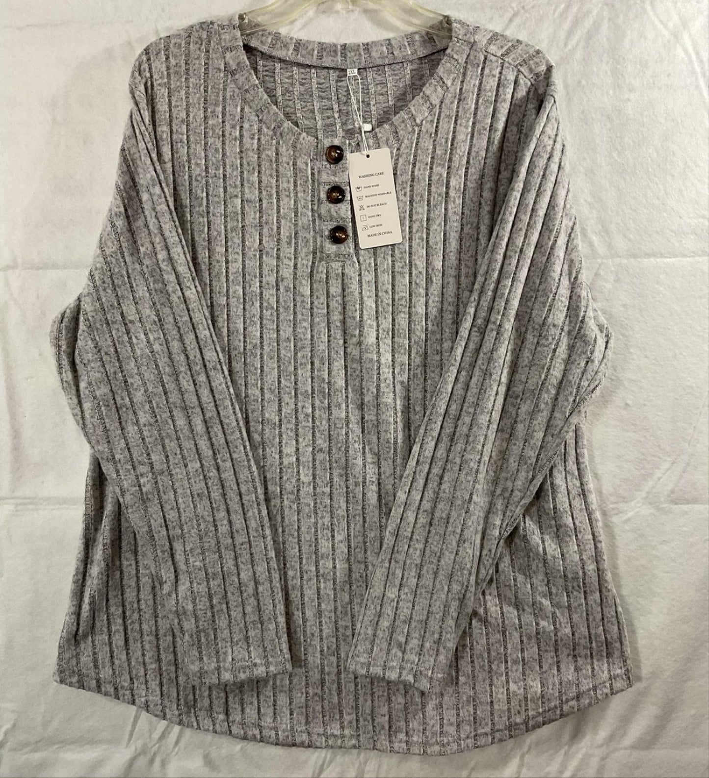 DOLNINE Shirt Womens 2XL Gray Ribbed Knit Henley Long Sleeve Tunic Top Stretch
