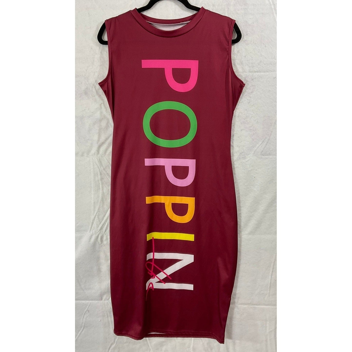 Bodycon Midi Dress Womens XL Burgundy Poppin Graphic Sleeveless Sheath