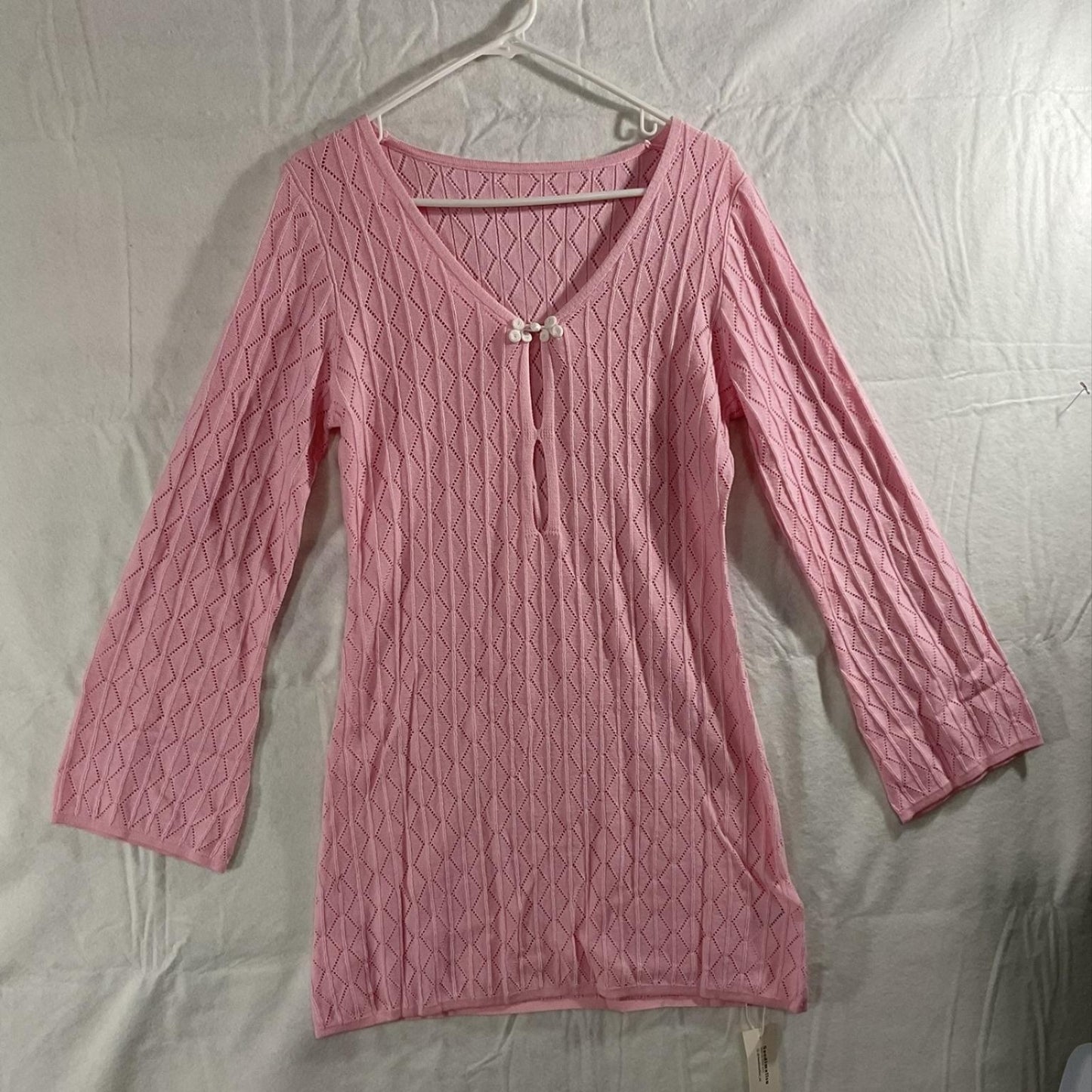 Saodimallsu Sweater Tunic Womens Medium Pink Open Knit V Neck Bow Detail Sheer
