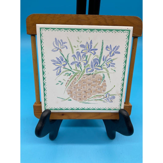 Vintage Iris Flower Basket Trivet Ceramic Tile Wood Frame Grandmacore