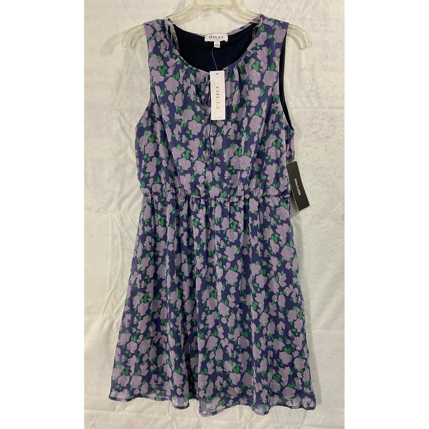 Gilli Floral Sleeveless Dress Womens L Purple Green Elastic Waist Keyhole D18751