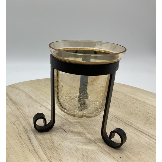 Rustic Amber Crackle Glass Candle Holder Brown Metal Scroll Stand Tabletop Decor