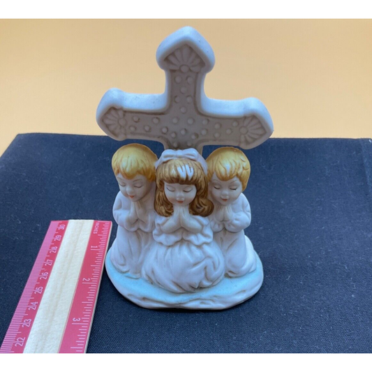Vintage Porcelain Cross with Praying Children Figurine, 4.5" Tall